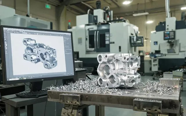 Poste de travail CAO avec modèle 3D et pièce finie en aluminium dans un atelier d'usinage CNC à Genève