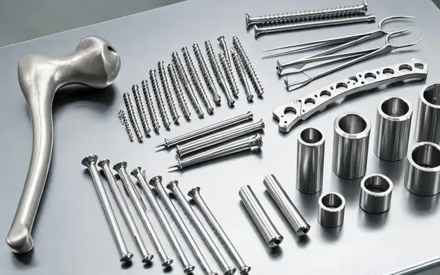 Pièces médicales usinées en CNC en inox 316L et titane posées sur un établi d'atelier de précision à Genève