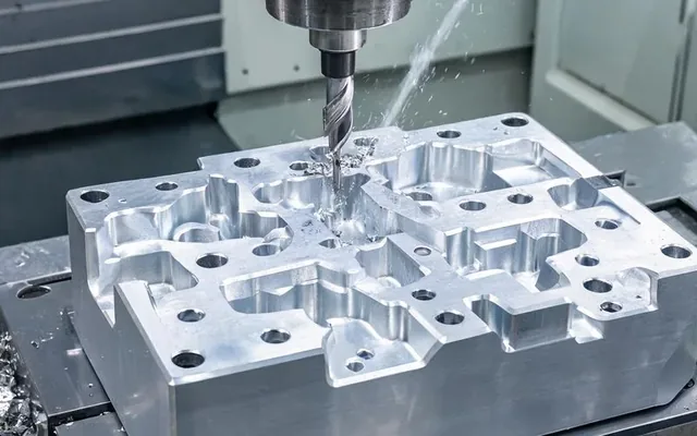 Fraiseuse CNC de précision façonnant une pièce prismatique complexe avec cavités et perçages dans un atelier genevois