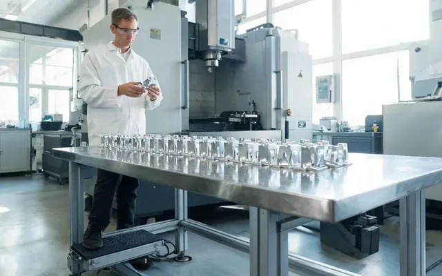 Pièces mécaniques identiques en aluminium alignées sur un établi d'usinage CNC à Genève
