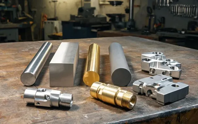 Barreaux bruts d'aluminium, d'inox, de laiton et de titane à côté de pièces usinées en CNC dans un atelier genevois